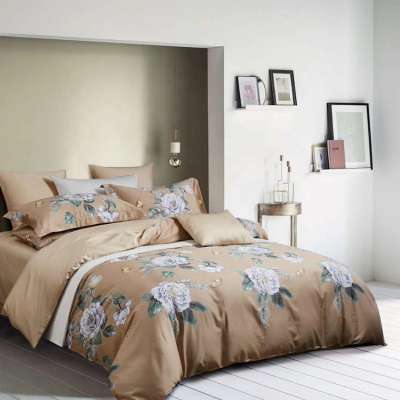 Chinese supplier luxury Camel satin 30% tencel set cover floral printed cotton bedding set